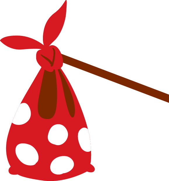 A spotty red knapsack on a wooden pole